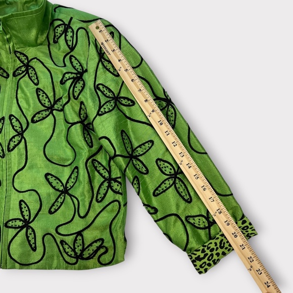 VINTAGE 90s Anage 100% Silk Women Jacket Blazer Embroider Green Christmas SMALL - Picture 15 of 16